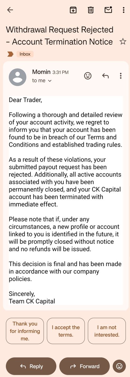 Pipradiance's tweet photo. 🚨 Payout Rejected After 45 Days
Scam Alert 🚨
 
My CK Capital payout request has now been rejected without any explanation after 45 days of waiting.

Account: #D#1840435
Account Size: $100k
Requested Payout: $5,700
After Split: ~$4,300

Their email only says I “breached terms” but no rule, no evidence, no trade details were provided.
Important fact: I used the same trading strategy in Phase-1, Phase-2, and the funded account.
During Phase-1 and Phase-2 there was no breach, but suddenly after requesting payout they claim a violation.

Before this, I was timed out (7 days → 30 days) and later banned from Discord just for asking about my payout.
I was also blocked on X by @ckcapitaluk_ and @wannabechamp after raising concerns about the delay.

This looks like retaliation after exposing the 45-day payout delay publicly.

Traders should be very cautious before buying a challenge from @ckcapitaluk_ and Remembet the Scam Face @wannabechamp  Always choose reputable prop firms with proven payout history.

I will now be posting the full evidence and timeline publicly.

@wannabechamp please explain which rule was breached or process the payout that was earned.

@propfirmeye
@PropFirmMedia @PropFirmMatch @PropFirmsCmpd @propfundsquad @fundedchemist @Propfirmedge @TheTrustedProp @fundproptraders @kadir_xau @ZamcoCapital @Khldfx @hamza_xau
@RZFTMARKETS @AfaaqFx
@jtrader @fondinho7 @Isabelloisa1 @livfor_pips
@propfirmwise @Shubhankan007 @UncleBugatti