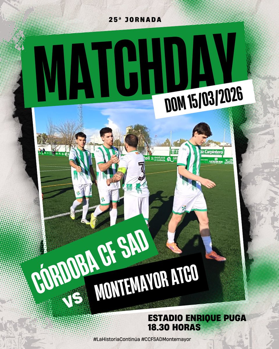 🔥 #MatchDay

Esta tarde tenemos partidazos en nuestro campo con todo en juego 💥💪

🆚 <a href="/Montemayoratlco/">Montemayor Atlético, C.D.</a> 
🏟️ Estadio Enrique Puga 
📆 Domingo 15/03/2026
⏱️ 18.30h

¡Vamos Córdoba Club de Fútbol SAD! 🤍💚

#LaHistoriaContinúa #CCFSADMontemayor