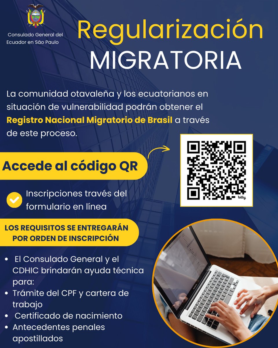 Obtén tú RNM…!  Te invitamos a regularizarte en Brasil. El Consulado General del Ecuador y el CDHIC inician la campaña de regularización 2026. Inscríbete en el link de abajo y espera tu turno para iniciar el trámite guiado por el CDHIC.  forms.office.com/r/1YPcGGT9fF