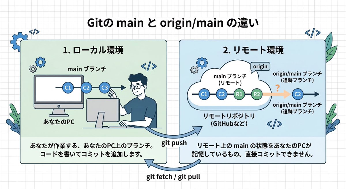 fullstack_se's tweet photo. Gitの main と origin/main の違い

main → ローカルブランチ
origin/main → リモート main の状態を記録したローカル参照

つまり origin/main はリモートブランチではなく「最後に fetch したときのリモート状態のキャッシュ」。

git fetch  → origin/main 更新 https://t.co/iegUxNi6XS