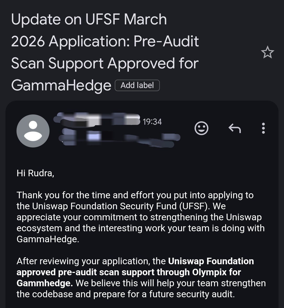 Rudra9439's tweet photo. Security milestone for @GammaHedgeX 🔒
Our application to the @UniswapFND    Security Fund (UFSF) has been approved for pre-audit scan support through  @OlympixSecurity

Grateful for the support from the Uniswap ecosystem as we continue strengthening the protocol’s smart contract security and preparing for a future audit.

Building with security first. ⚙️

#DeFi #Web3 #SmartContracts