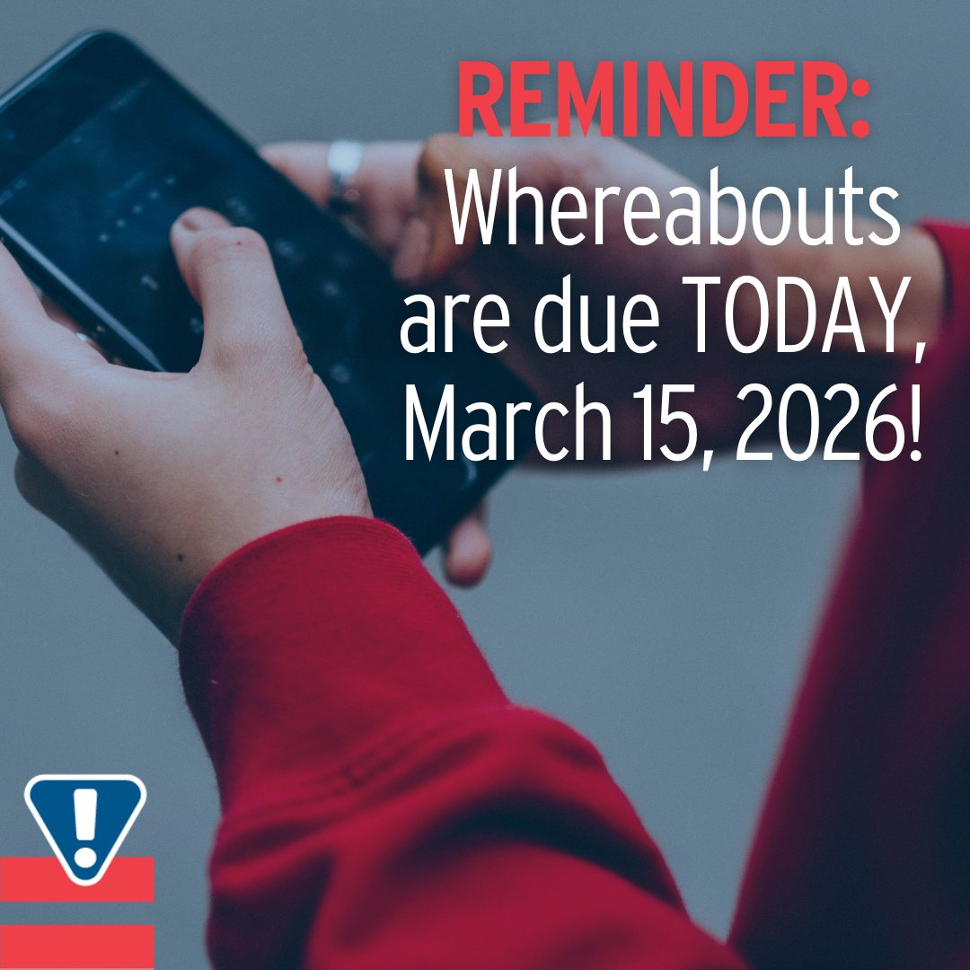 usantidoping's tweet image. USADA RTP and CAP Athletes, Q2 2026 Whereabouts are due TODAY, March 15! Be sure to submit your filing. Need help?🤔 Visit the link: na2.hubs.ly/H04hv030

 #CleanSport #AntiDoping #Whereabouts