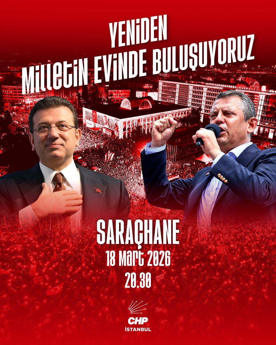 "Milletin istiklalini, yine milletin azim ve kararı kurtaracaktır."

Genel Başkanımız Özgür Özel öncülüğünde, Cumhurbaşkanı Adayımız Ekrem İmamoğlu ve tüm yol arkadaşlarımıza özgürlük, memleketimizin her bir ferdine adalet için Saraçhane'de buluşuyoruz.