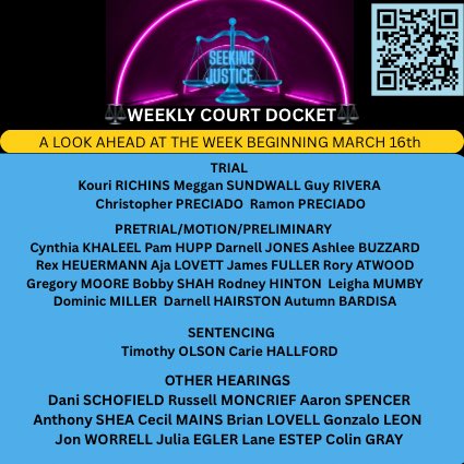 👀A look ahead at who is scheduled to appear in court this week across the Nation featured by Seeking Justice. Need more information on a specific case? You can find current documents &amp; media related information pertaining to these and MANY other court cases by scanning the QR