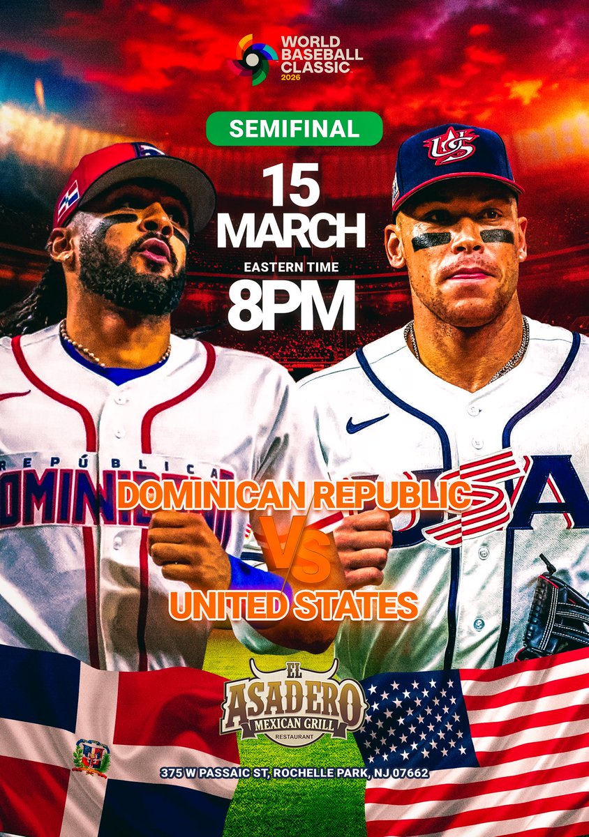 🔥⚾ BASEBALL NIGHT AT EL ASADERO ⚾🔥

This Sunday the rivalry gets real!
🇩🇴 Dominican Republic vs United States 🇺🇸

📅 March 15
🕗 8PM

Watch the World Baseball Classic Semifinal with us on the big screens while enjoying great food, margaritas, and the best atmosphere in town.