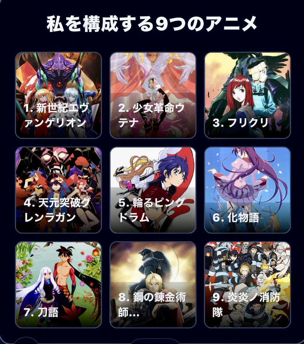 satoriku888's tweet photo. #私を構成する9つのアニメ

1. 新世紀エヴァンゲリオン←劇場版込み
2. 少女革命ウテナ←
3. フリクリ←
4. 天元突破グレンラガン←
5. 輪るピングドラム←
6. 化物語←全シリーズ
7. 刀語
8. 鋼の錬金術師 FULLMETAL ALCHEMIST
9. 炎炎ノ消防隊

https://t.co/7QkqB3oW37 https://t.co/ObYdMlpdQ7