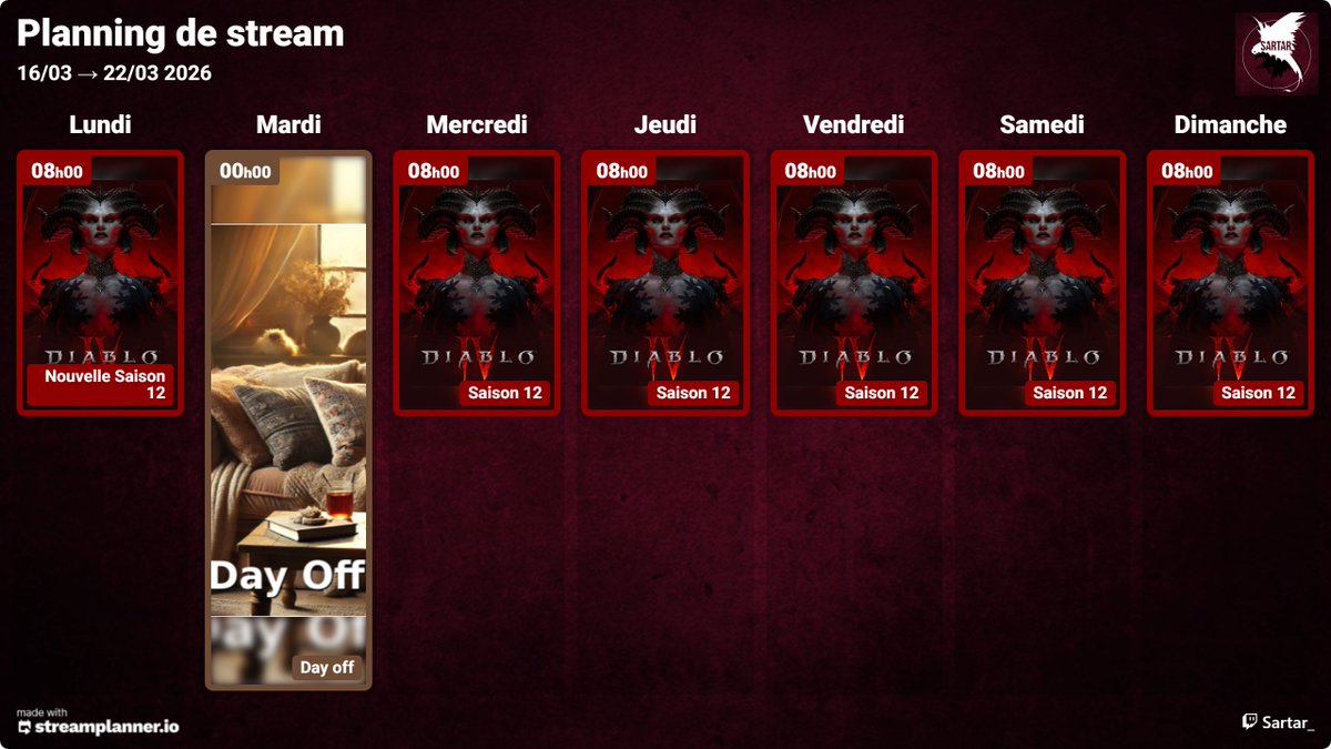 Nouvelle semaine de live 😈
On continue le tryhard sur la Saison 12 de #DiabloIV toute la semaine 🔥

Un autre jeu sort aussi ces jours-ci, on verra si on jette un œil… mais l’envie est clairement de continuer Diablo pour l’instant.
Merci d’être toujours là ❤️
#Twitch #Streaming
