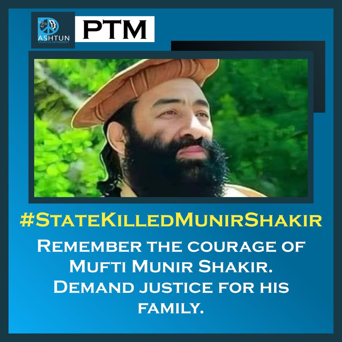 پي ټي ایم نن د ملتپال دیني عالم مفتي منیر شاکر لومړی تلین لمانځي.
دوی په دې اړه د ټویټري ټرینډ چلولو تر څنګ  د ایکس سپیس کې د هغه په ژوند او خدمتونو غږیږي.