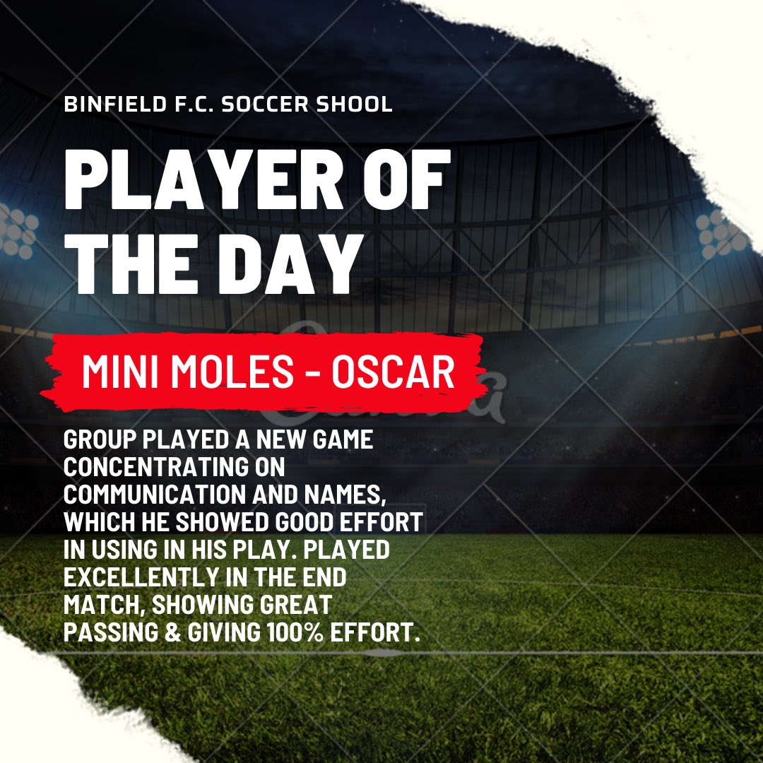 Congratulations to our POTD for this weekends session. New skills being learnt from short / long passing in our mixed group, importance of communication between players in the mini moles group &amp; thinking quick to make fast decision making &amp; passing into space for year 1.
