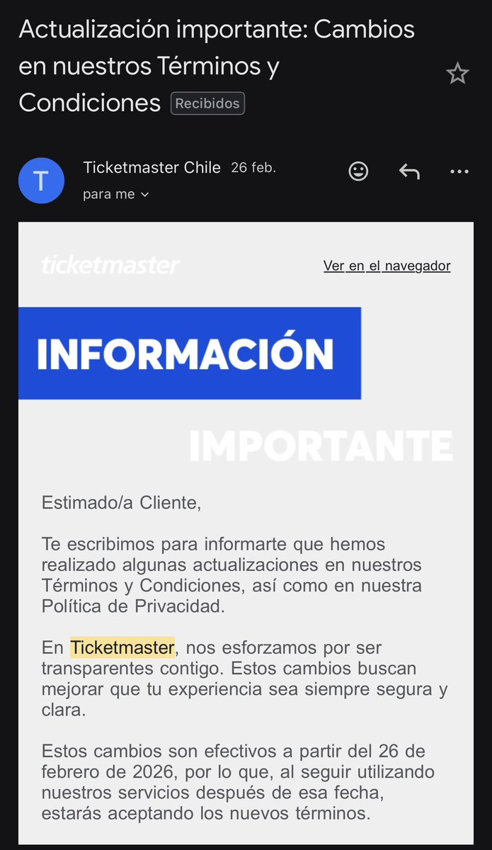 dquirogaz's tweet photo. Y hablando de #Ticketmaster  el los TyC no existe el derecho a retracto 🤷🏽 @SERNAC las leyes a quien benefician más¿a las empresas (ticketeras y aseguradoras) o para las personas/consumidores? Ademas las entradas son al portador entonces para que la nominación? @Ticketmaster https://t.co/Lef4yDOo8P