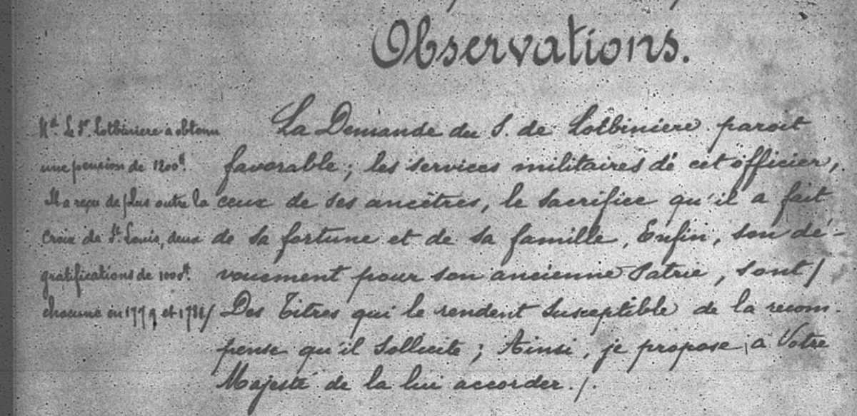 Avis favorable pour l'obtention du titre de Marquis par le Canadien Chartier de Lotbinière, de la part de Louis XVI. 1784.