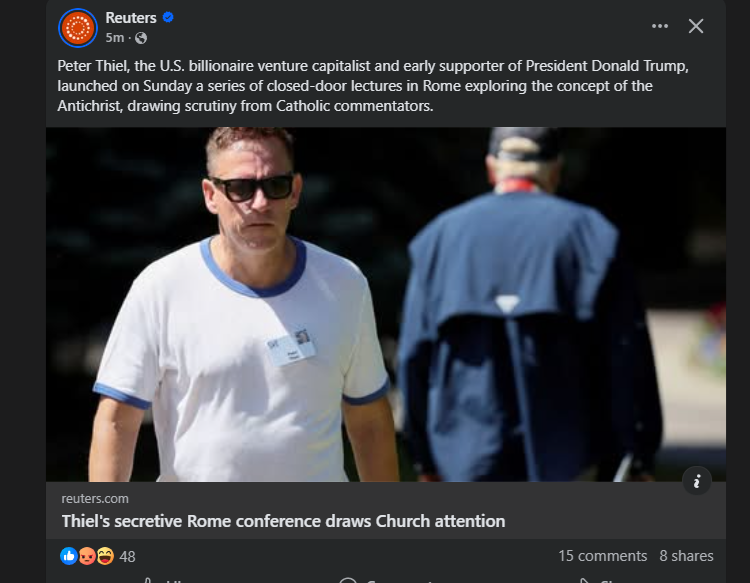 Peter Thiel the Jeffre Epstein buddy is giving lectures on the Antichrist. talk about scripted plans to try to divert attention away.