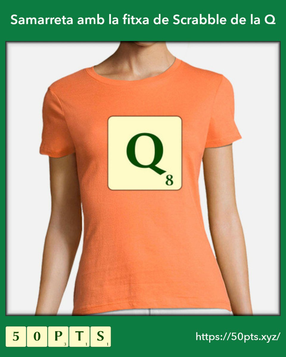 50pts_cat's tweet image. Samarreta per a dona amb la fitxa de Scrabble de la Q

T'agradaria tenir-la? Visita el nostre web i troba totes les samarretes inspirades en l'#ScrabbleEnCatalà. Amb totes les fitxes de l'#ScrabbleCAT i en 12 colors diferents per a dona. També disponibles amb per a homes.
