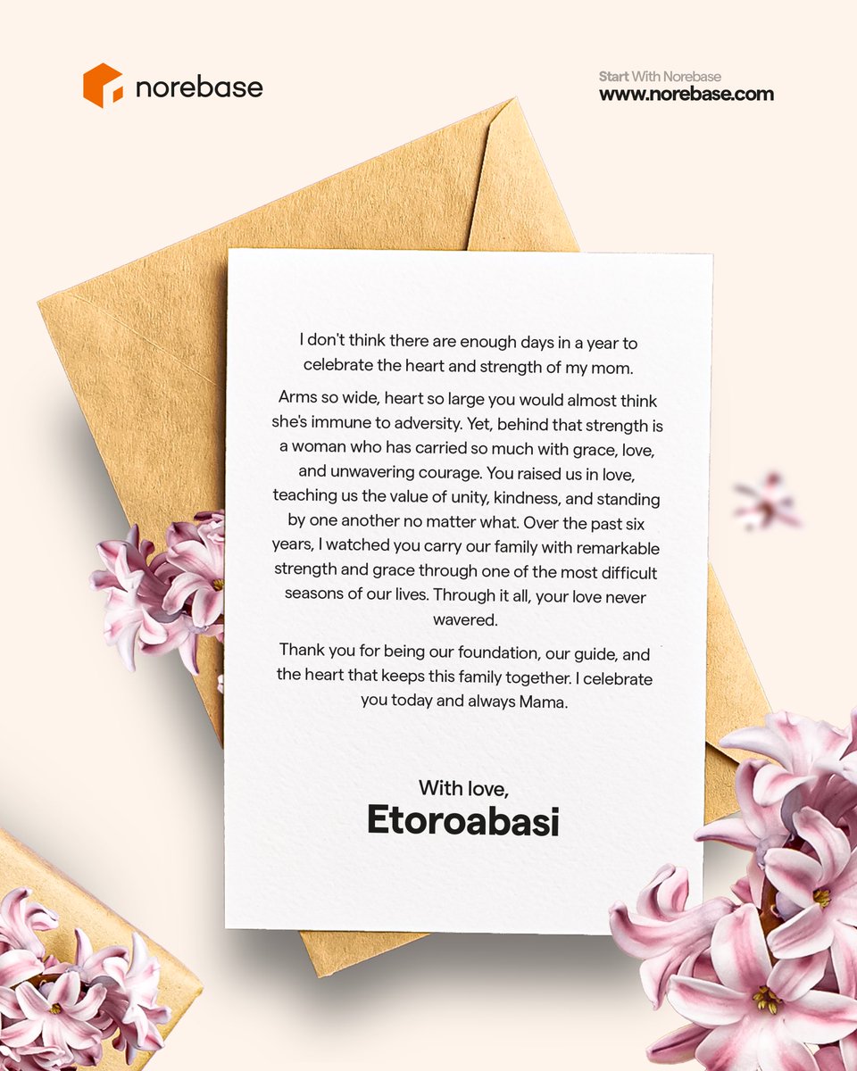 Norebase's tweet photo. Some of our greatest life lessons didn’t come from books, they came from our mums.

Today, we celebrate the love, strength, and wisdom of the women who raised us. 💐

Tell us something memorable about your mum in the comments.

#Norebase #Mothersguide https://t.co/Yr3CzGld0Y
