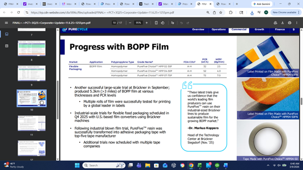 markcassol's tweet photo. NJ certification would push more demand but also would allow more pounds to be sold due to less rPP in the compounded product (10-20% in regulations). Currently P+G (thermoforming) has 52% PCR and the other material is virgin PP or about 2X of the rPP produced.  BOPP (Mars candy wrappers, Kellogg’s) has 32% PCR content or a 3X of rPP after compounding.  Purefive choice can vary in PCR content. Purefive Ultra is 100%.