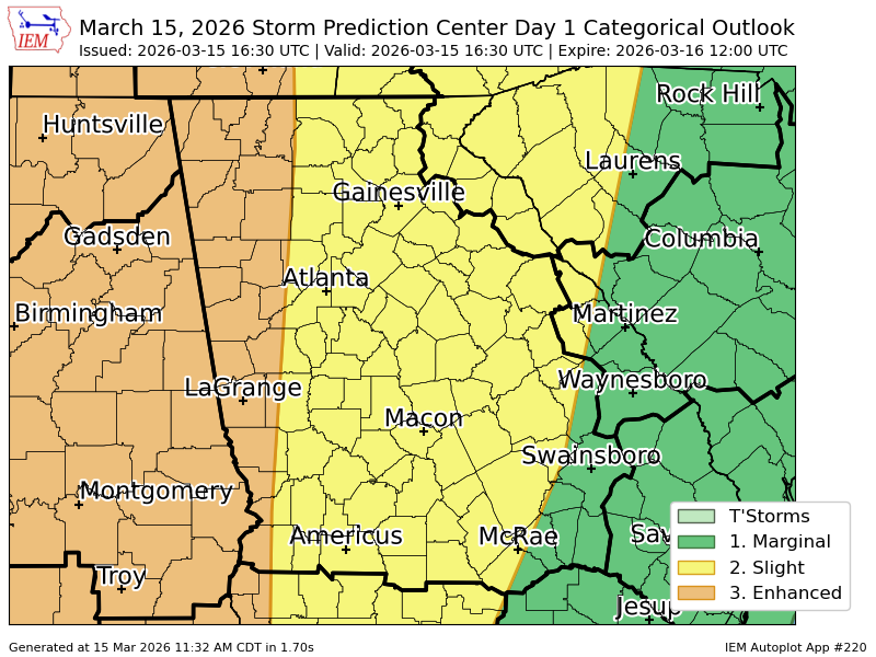 #SPC issues Day 1 Enhanced Convective Risk at Mar 15, 16:30z for FFC ...