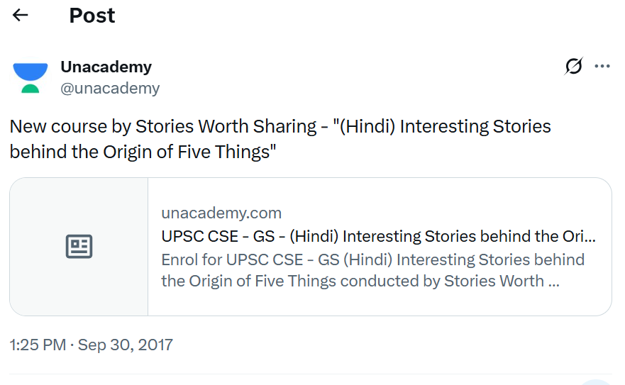 Unacademy official handle's X &amp; FB posts referring to our side project stories 

Stories Worth Sharing was a company I started in college. 2 things:

- Offline storytelling meetups
- Digital curated stories for brands