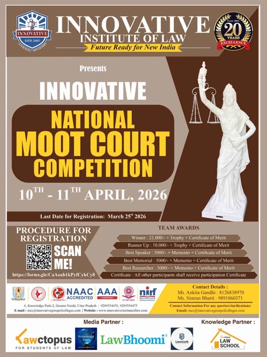 innovativeinst5's tweet image. The Innovative Institute of Law proudly presents the National Moot Court Competition 2026. This is more than just a competition; it’s where the next generation of legal minds proves their mettle.

innovativegroupofcolleges.com
#llb #InnovativeColleges #Lawcourse
@Lawctopus  @lawbhoomi