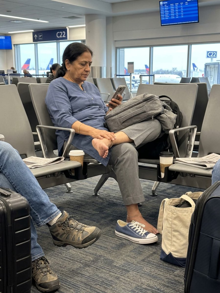 truth20255's tweet photo. i’m sitting at the gate waiting for my flight to LA when I notice the woman across from me has her shoes completely off with her bare foot propped up on the seat. socks off too. just out in the open like we’re in her living room instead of a crowded airport gate. https://t.co/HtqTafidOj
