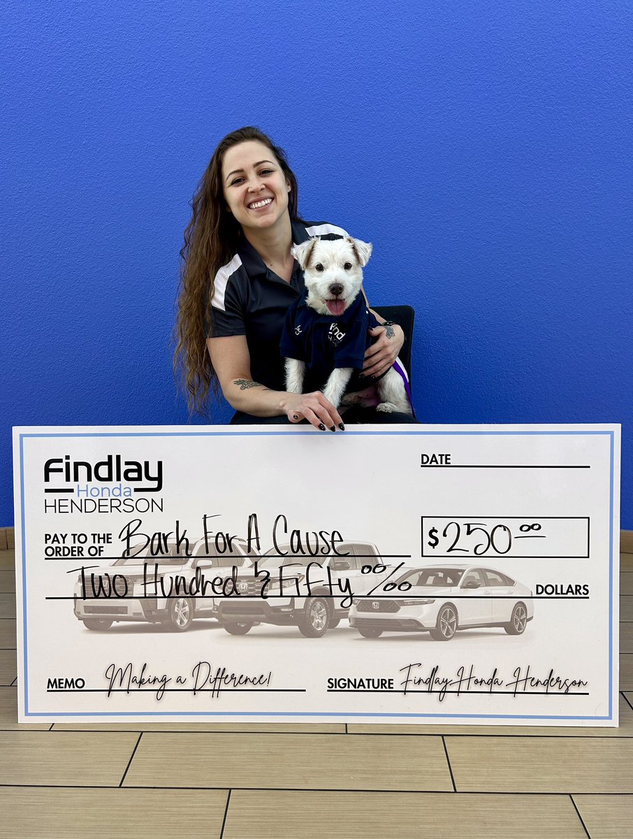 DekeHenriFurry's tweet photo. I picked up my first referral check yesterday! 
If you’re in the market for a new or used car, stop by Findlay Honda Henderson and tell them Deke sent you! 
For each car sold @BarkForACause will receive a donation of $250.00!
Thank you!
~ Deke🐾
#TherapyDog
#BarkForACause https://t.co/78MMN86LAF