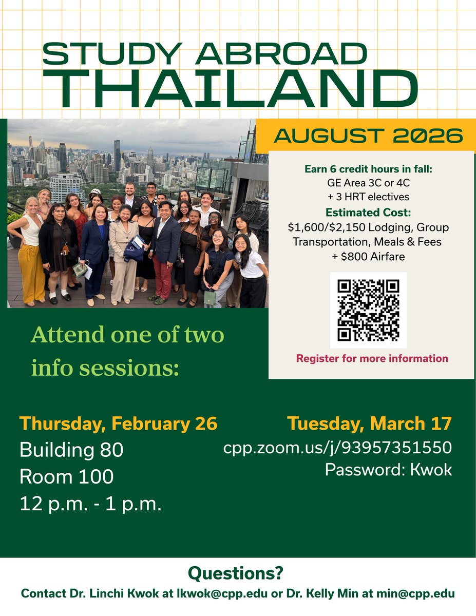 linchikwok's tweet image. Ready for a life-changing learning experience in Thailand? 🇹🇭
Join our next info session on Zoom to learn how you can study abroad in August 2026.

cpp.zoom.us/j/93957351550
Password: Kwok

#StudyAbroad #Thailand #CollegeLife #StudentLife #GlobalLearning #CalPolyPomona