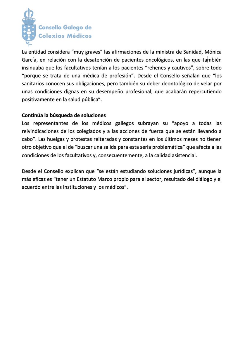 El 𝐂𝐨𝐧𝐬𝐞𝐥𝐥𝐨 𝐆𝐚𝐥𝐞𝐠𝐨 𝐝𝐞 𝐂𝐨𝐥𝐞𝐱𝐢𝐨𝐬 𝐌𝐞́𝐝𝐢𝐜𝐨𝐬 se mantiene firme en su demanda de “un Estatuto Marco propio para los médicos que recoja las características específicas y exclusivas de nuestro colectivo".

🛑#NOalestatutomarco #Galicia #Médicos #Sanidad