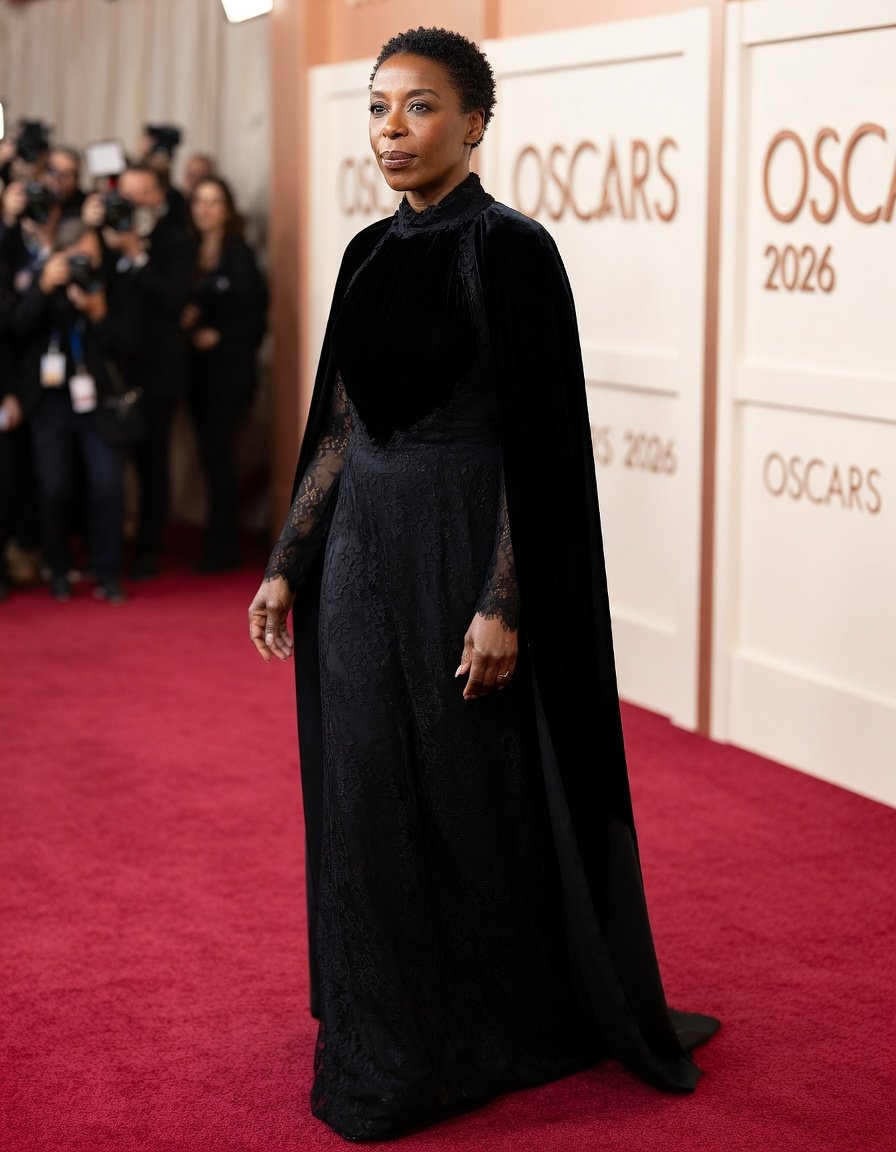 FÚNEBRE! ⚰️ A Farol das Artes Cênicas Britânicas, D'Baby Adams CBE, aparece irretocável no tapete vermelho para o enterro de Timothée Chalamet no #Oscars