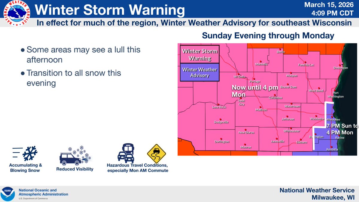 (1/3) Winter Storm Warning has been expanded into Walworth, Waukesha, Washington, and Ozaukee Counties, and is now in effect between now and 4 PM Monday afternoon. Winter Wx Advisory remains in effect in Milwaukee, Racine, and Kenosha Cos between 7 PM this evening and 4 PM Monday