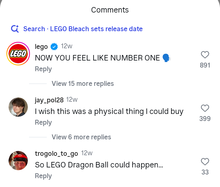 buriednumber1's tweet photo. HOLYYY I was on Instagram and saw Lego reply to a Bleach X Lego Fortnite post with this yeah they are definitely making Bleach Lego sets 😭 https://t.co/FQfhVbXoO4