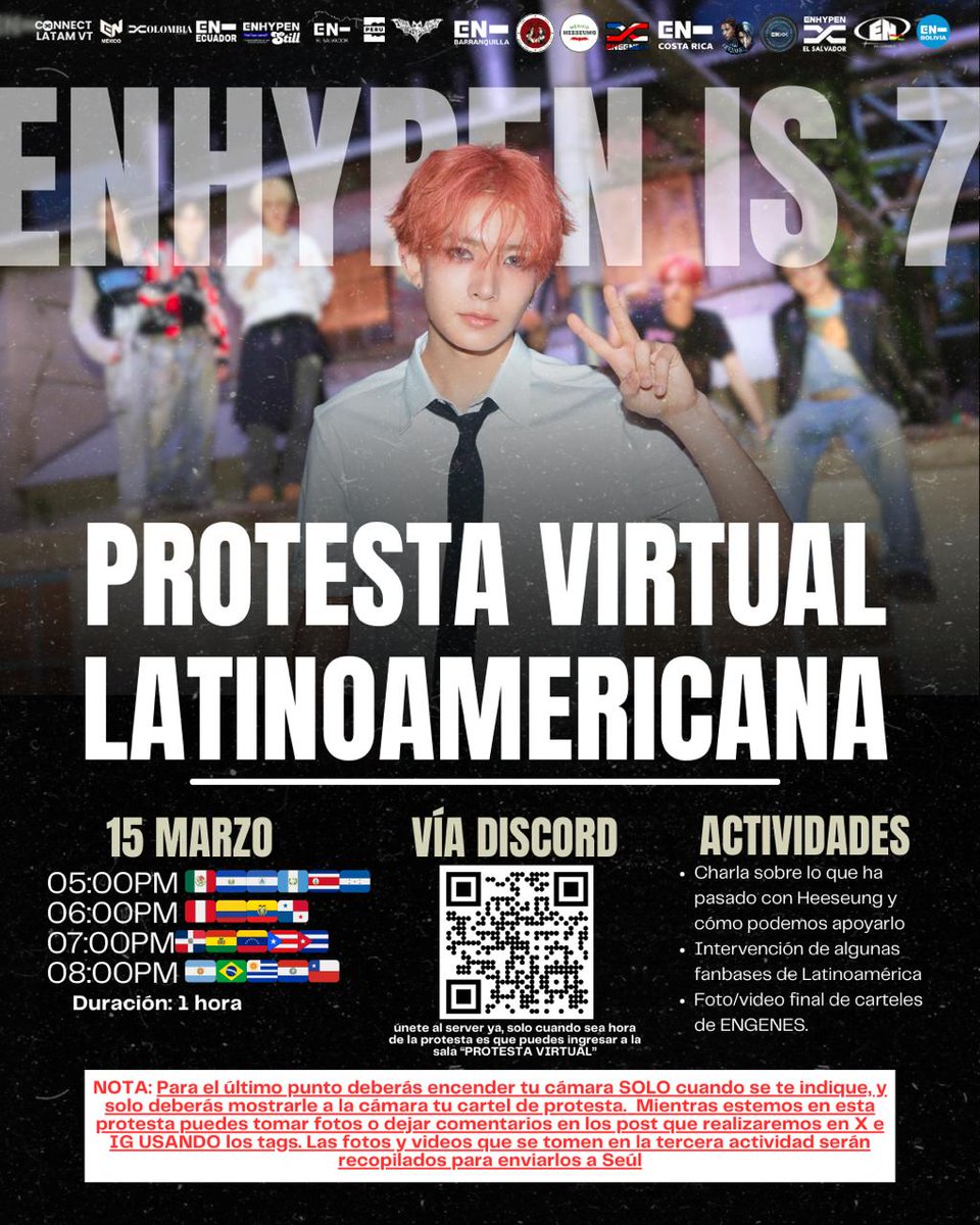 ❪ PROTESTA VIRTUAL -  ENGENE DE LATINOAMÉRICA ❫  

¡ENGENE! Si no pudieron unirse a los plantones presenciales, únanse a la protesta virtual que se realizará junto a distintos países de Latinoamérica en apoyo a HEESEUNG y ENHYPEN 💪
¡Demostremos que Latinoamérica está presente!
