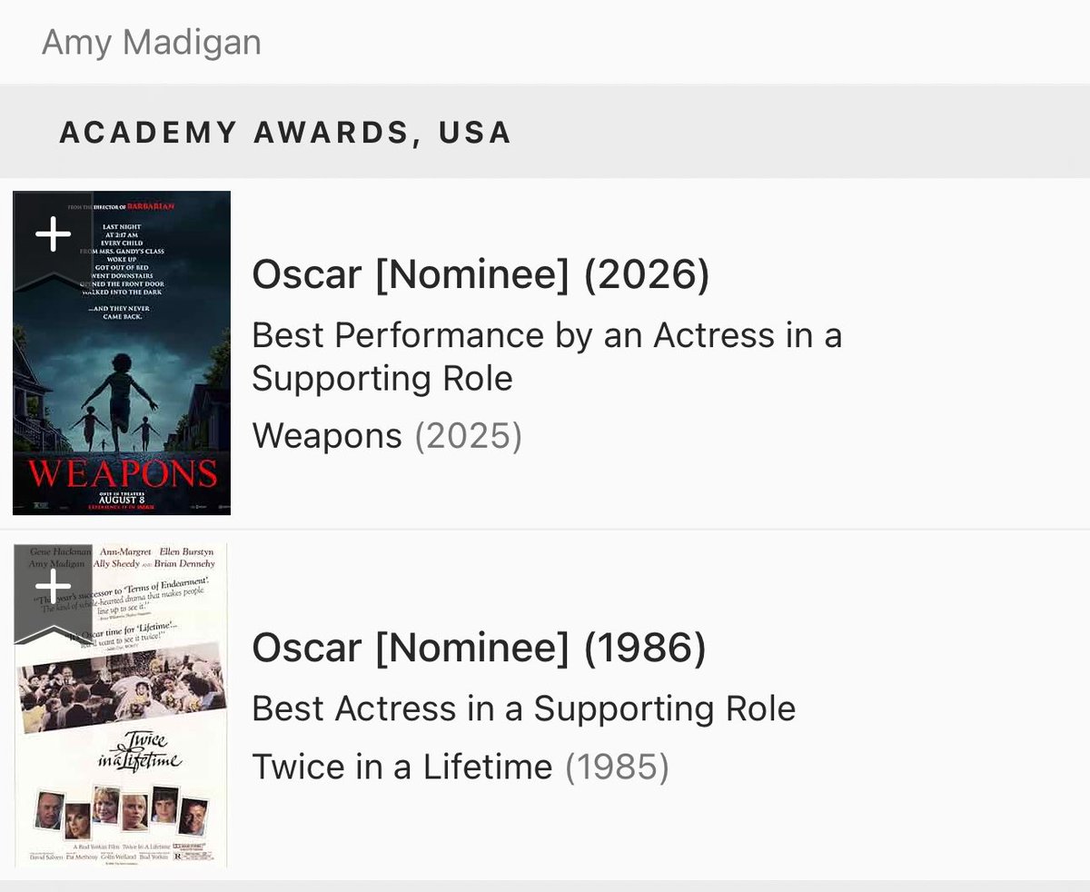 40 years gab between the two nominations for Amy Madigan 

Ironically her first nomination was for a film called Twice in a Lifetime #Oscars