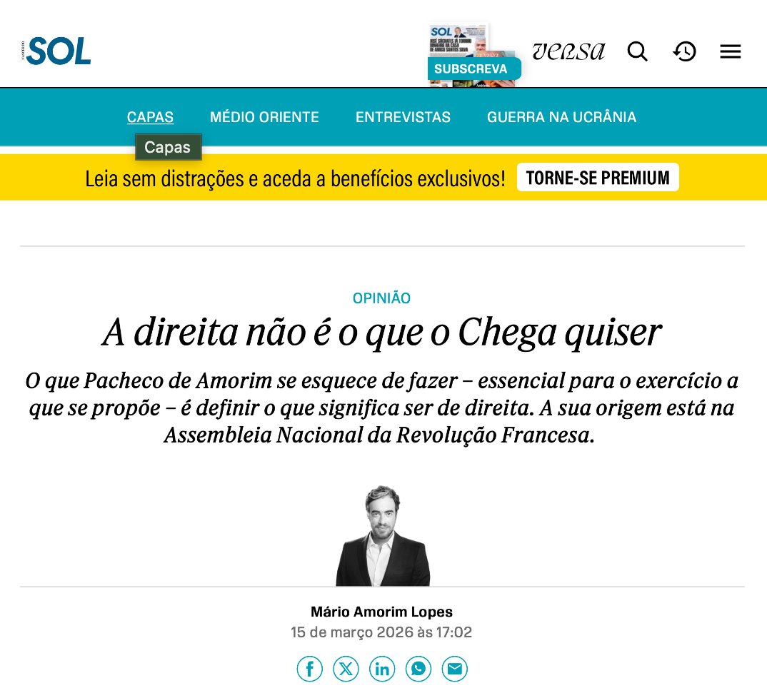 Diogo Pacheco de Amorim escreveu um artigo no SOL em que afirma que, contas feitas, só o Chega é de direita, tudo o resto são (palavras minhas) decalques envergonhados de esquerdismo.

Faltou ao Diogo fazer duas coisas: primeiro, definir o que significa ser de direita; segundo,