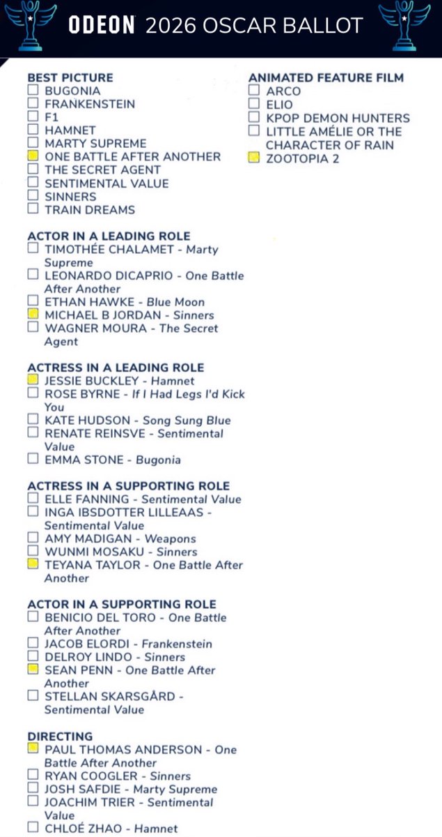 MSeaward1983's tweet photo. My Oscars Predictions for 2026, taken from ODEON’s Online Ballot #ODEON #Oscars https://t.co/P1K54qyHZ5