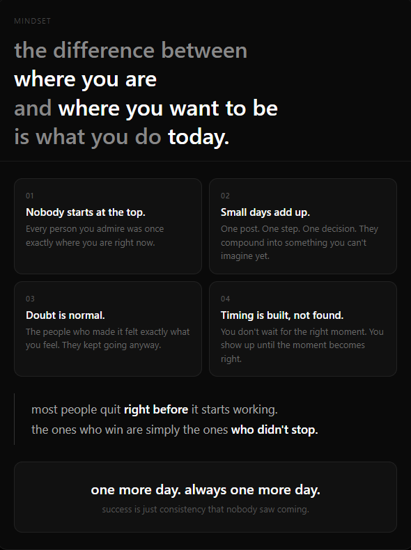 Bkov04's tweet photo. most people quit right before it starts working.
the ones who win are simply the ones who didn't stop. https://t.co/VKfbJwP7RH
