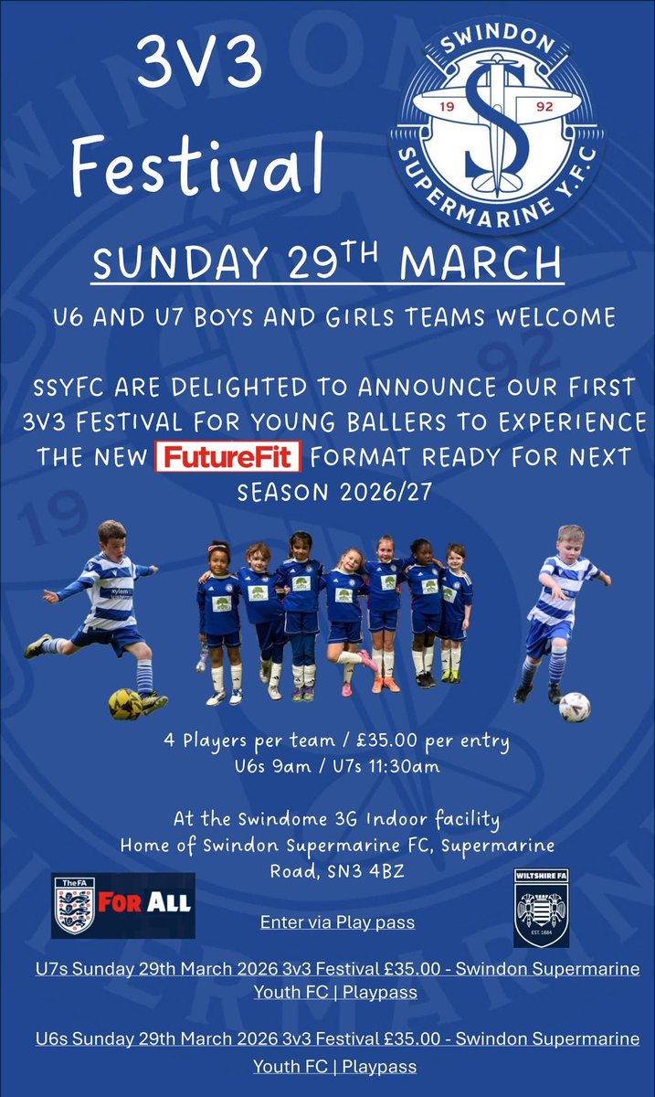 U6 / U7 | Bring your future ballers to our 3v3 Festival!

U6 SIGN UP:  playpass.com/swindon-superm…

U7 SIGN UP:  playpass.com/swindon-superm… 

#SupermarineYouth | ssyfc.co.uk