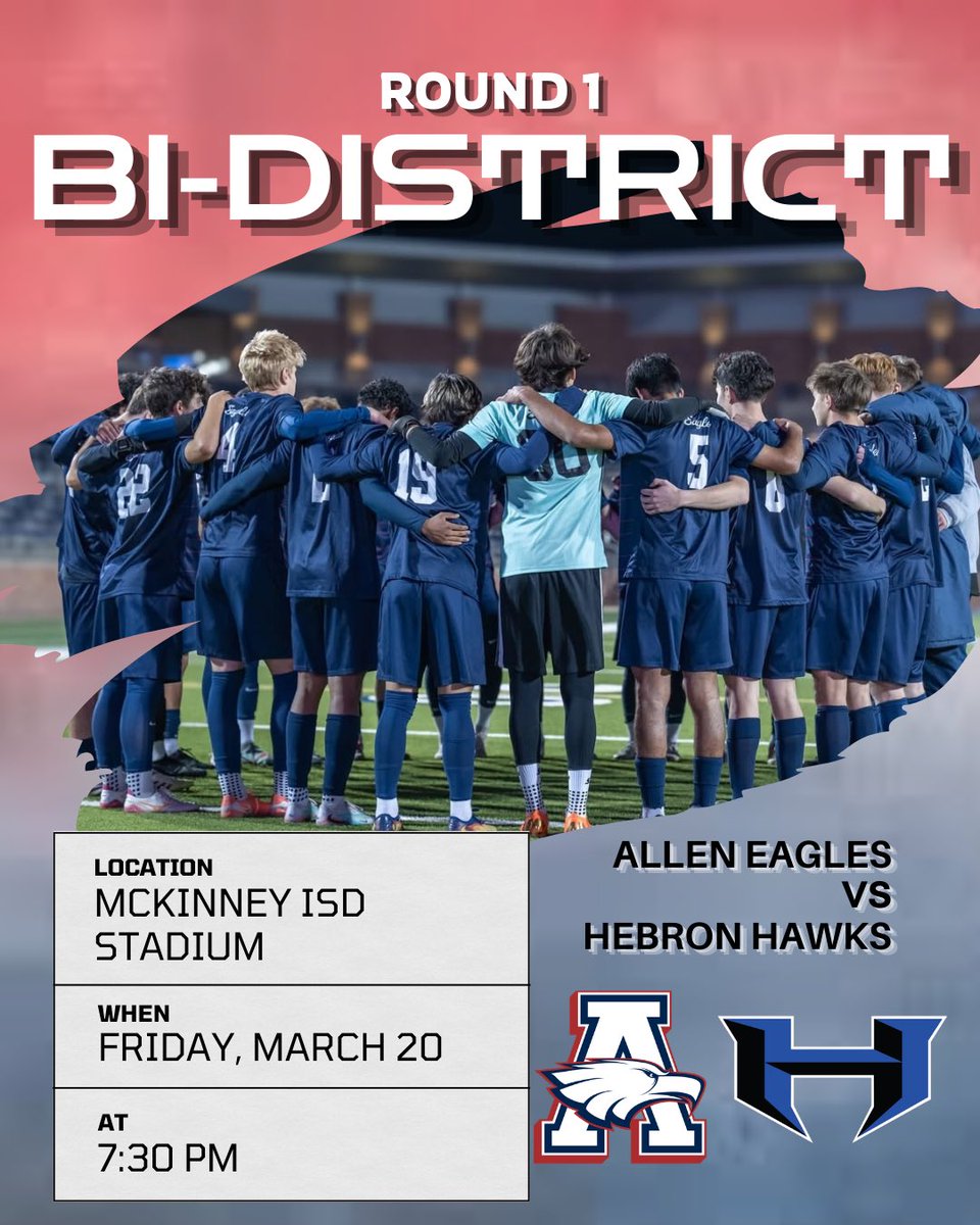 AHS_B_Soccer's tweet photo. 🦅⚽️ PLAYOFF MODE ⚽️🦅

The stage is set, the Eagles are ready for Playoffs Round 1! Friday night, bring your spirit, fill the stands, and let’s cheer on Allen Eagles Soccer in the playoffs. Loud and proud, Go Eagles! https://t.co/pqgML95uqw