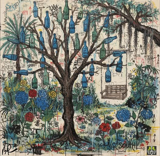 The bottle tree is one of the most haunting and beautiful folk traditions in the American South — a dead or bare tree, or sometimes a wooden post with branches, studded with colorful glass bottles pointing outward into the sky. Drive through the southern states and you will