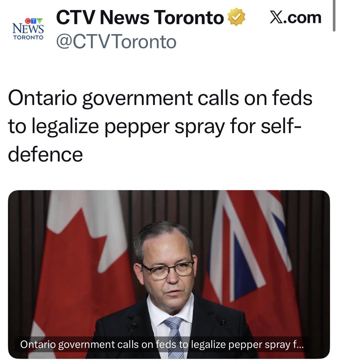 Government calls on Mark Carney to legalize pepper spray — so people can barely defend themselves from terrorists our police protect.

Fixed it, CTV!