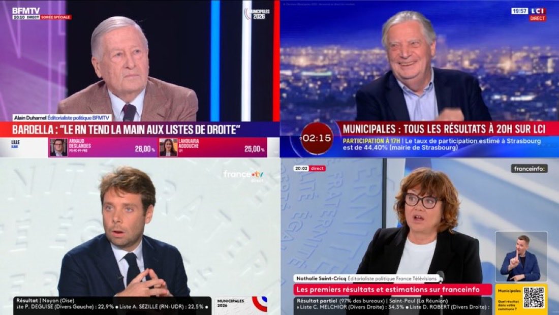 - Le fils, Benjamin Duhamel, sur France 2
- Le père, Patrice Duhamel, sur LCI
- La mère, Nathalie Saint-Cricq, sur FranceInfo
- L’oncle, Alain Duhamel, sur BFMTV

À ce niveau-là de propagande, on peut fermer la boutique, ils sont injouables.