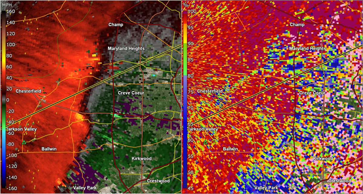 frontierfcst's tweet photo. Two unwarned QLCS circulations are present to the SE of Chesterfield, Missouri within the St. Louis Metro. These circulations are relatively strong in nature and may be producing spin-up tornadoes at this time. 

The strongest of the circulations, the one to the SW of Creve Coeur, likely has a weak debris signature evident, indicative of a tornado on the ground.

Residents in Creve Coeur, Maryland Heights and nearby vicinities within the Western STL metro need to be on high alert and preparing to take immediate tornado precautions should a tornado warning be issued! For those in the path of this possible weak tornado, you should be inside a safe tornado shelter until the storm passes as a precaution.