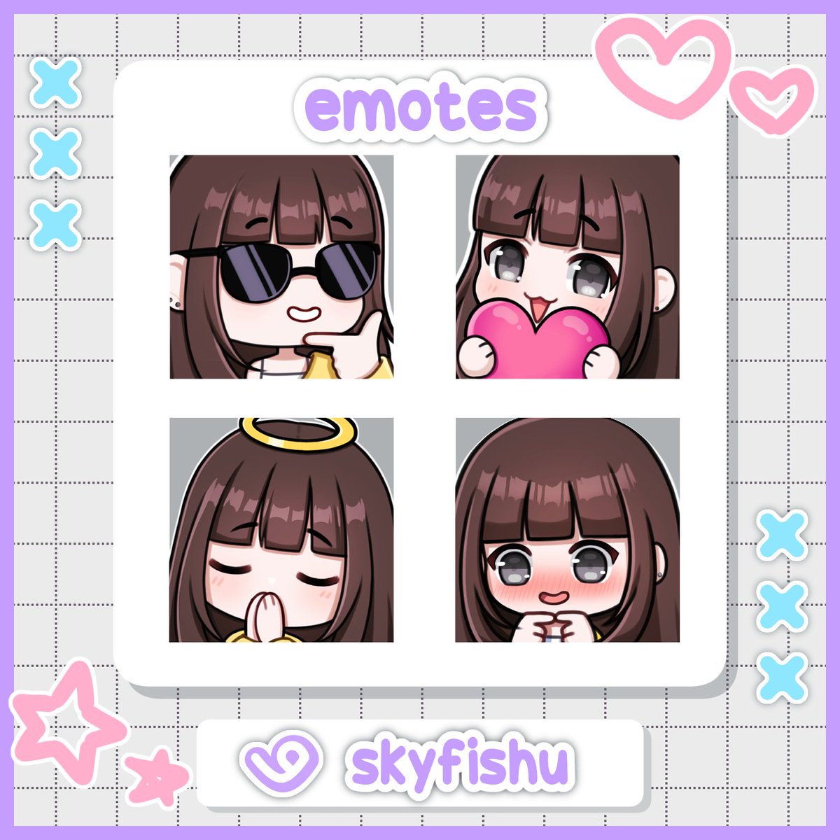 skyfishu's tweet image. ⟡ Some emotes I made for myself! ⟡

I just opened custom emote commissions on VGen, so make sure to check them out💕
#emotes #VGenComm #twitchemotes