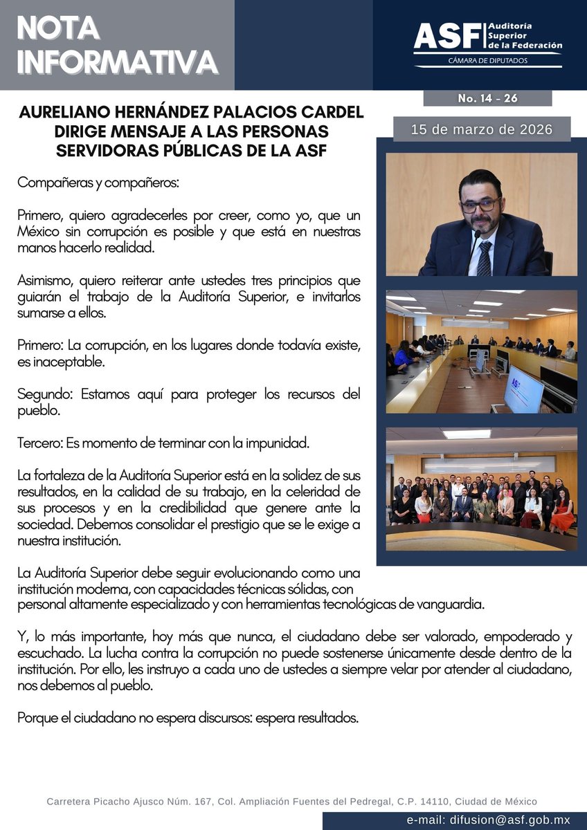 ASF_Mexico's tweet photo. ✒️ #Boletín | Aureliano Hernández Palacios Cardel dirige mensaje a las personas servidoras públicas de la Auditoría Superior de la Federación.
#BoletínASF #ASF