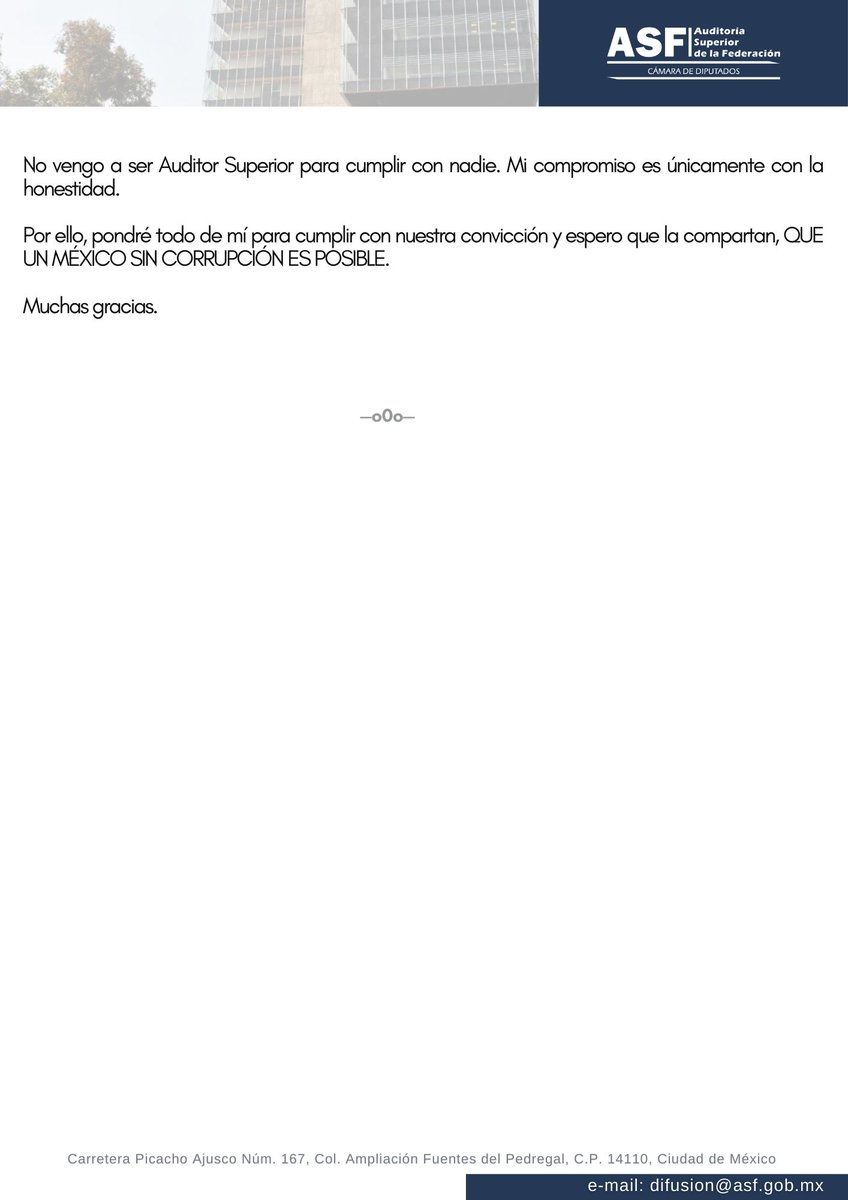✒️ #Boletín | Aureliano Hernández Palacios Cardel dirige mensaje a las personas servidoras públicas de la Auditoría Superior de la Federación.
#BoletínASF #ASF