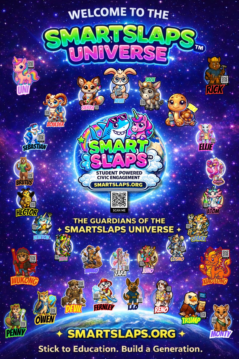 smartslaps's tweet photo. 🌎✨ WELCOME TO THE SMARTSLAPS™ UNIVERSE ✨🌎
Meet the Guardians of the SmartSlaps Foundation Universe.
Each guardian represents a strength, subject, or passion that helps build the next generation.
📚 readers
🔢 problem solvers
🎨 creators
🚑 helpers
🚒 protectors
🌱 caretakers
🚀 explorers
There is a guardian for every kid.
Students choose the guardian that reflects what they care about and begin their journey into learning, leadership, and community engagement.
Scan the guardians to explore their stories, play learning games, and discover new skills.
These posters will soon be shared with:
🏫 schools
📚 libraries
🏡 homeschool families
🚒 public safety programs
Because when kids discover their strengths, they start building stronger communities.
⭐ Stick to Education. Build a Generation.
🌎 Explore the universe
🛡 Choose your guardian
🎮 Play the games
https://t.co/N7Ynd7Y03O