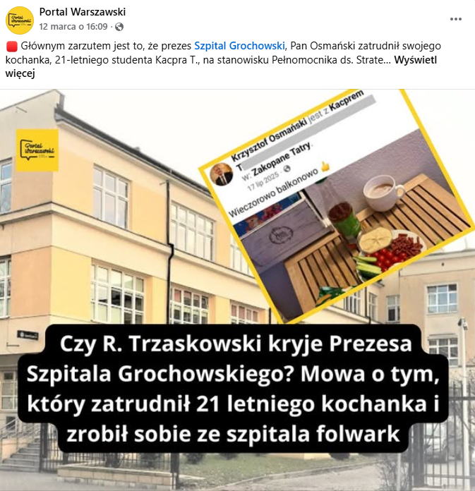 "Pan z Panem w Zakopanym"😅
Kto w Szpitalu Grochowskim zatrudnił 21-letniego studenta Kacpra T jako Pełnomocnika Strategii i Rozwoju? Czy prezes szpitala spędzał z nim wspólne wakacje? Czy ich prywatne relacje miały wpływ na to, że dostał pracę w szpitalu?
facebook.com/permalink.php?…