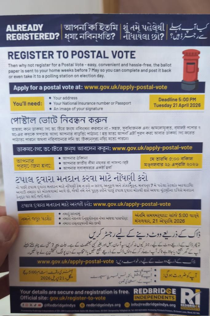 Redbridge "independents" trying to garner up support for postal voting.

"Modern London".

They called Sir Jim Ratcliffe "racist" for saying Britain is colonized by foreigners.