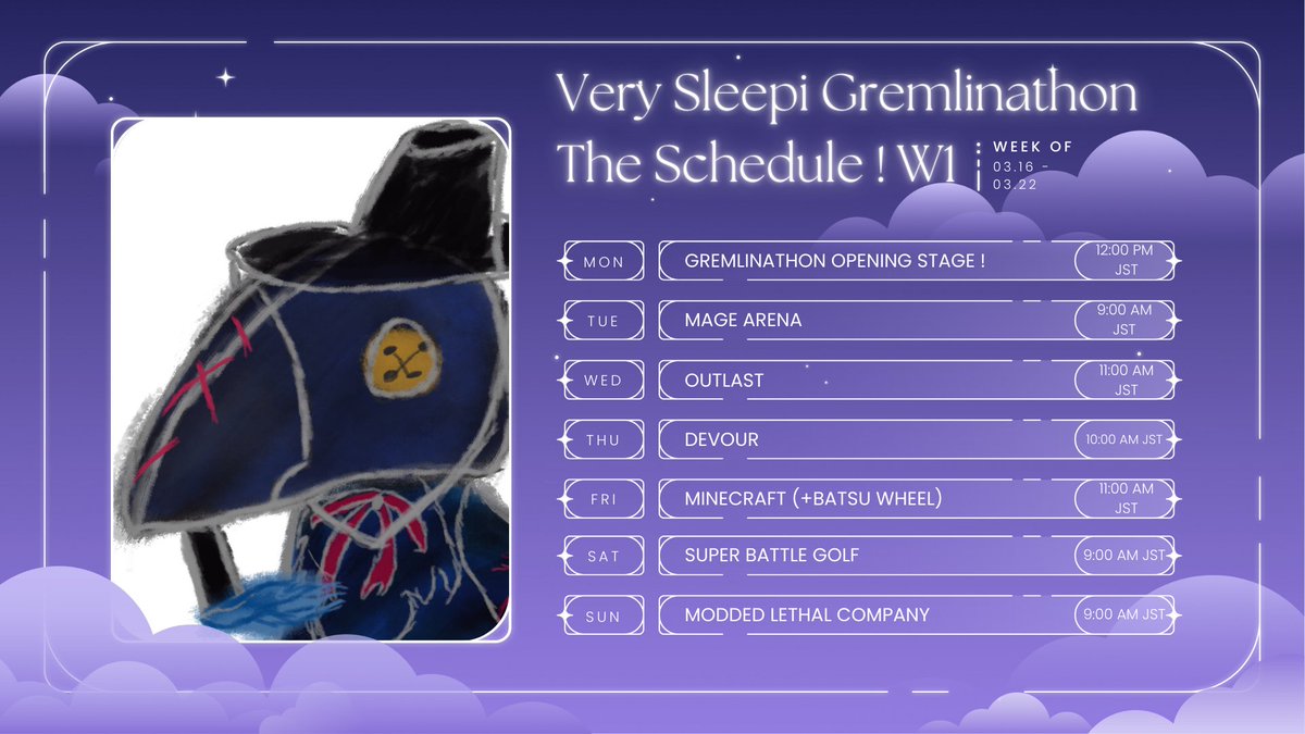 sleepihani's tweet photo. ๐ VERY SLEEPI GREMLINATHON SCHEDULE WEEK 1 ! ๐
โ Because I didn't manage to celebrate my first milestone of hitting 100 followers, I made it my decision to have a subathon for my 300 followers milestone !!
Week of 03.16 - 03.22
#wakinghours | #sleepigremlin https://t.co/BKNTX3MO0x