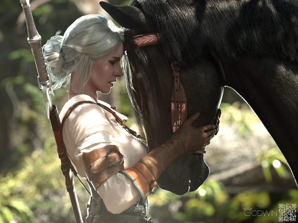 "A Girl &amp; Her Horse" 🙂

There are a couple tasteful nude versions from other angles &amp; a 2K Widescreen background version available at the links in my bio if you'd like a little more!

#TheWitcher #Ciri #Kelpie #3DCG #3dart