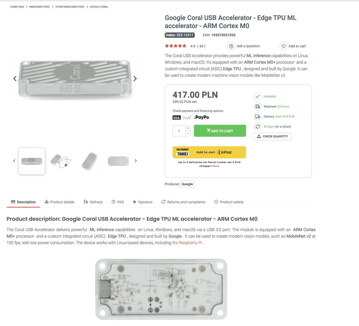 Coral USB product page