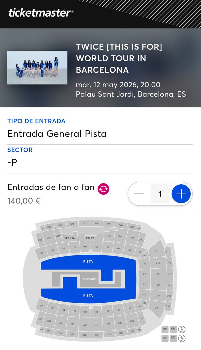 vendo 2 entradas / entrada de pista para el concierto de TWICE el 12 de mayo en el Palau Sant Jordi en Barcelona, por debajo del precio original, más barata, fan to fan desde ticketmaster, que no puedo ir :( 💔
secure.ticketmaster.es/rs/527393611/l…

#twice #thisisfortour